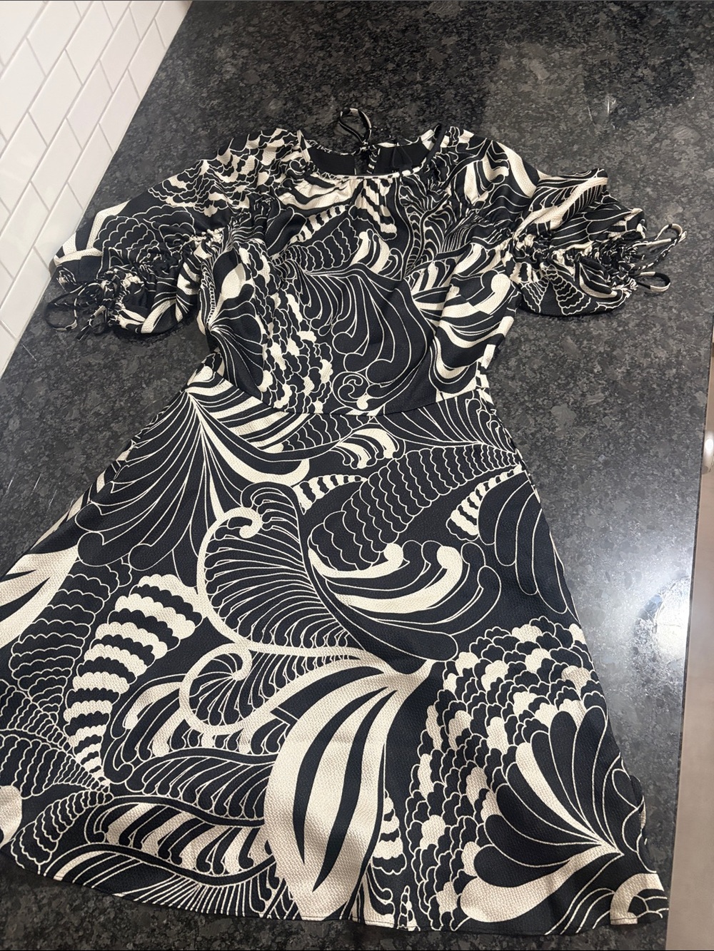 Ted Baker Black & White Graphic Puff-Midi Sleeve Dress